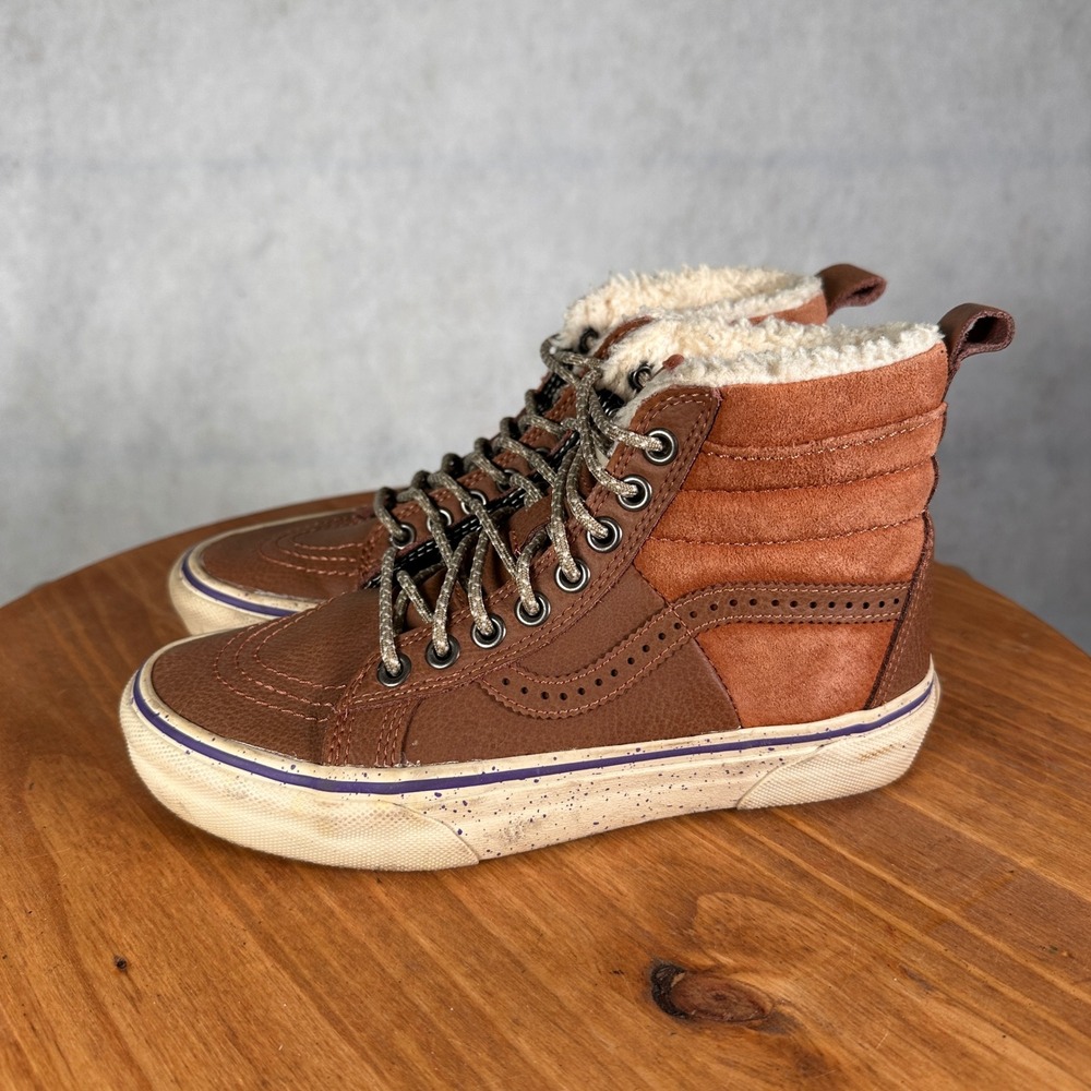 Vans Sk8-Hi MTE Women Size 4 Brown Leather Suede Sherpa Lined Good High Top